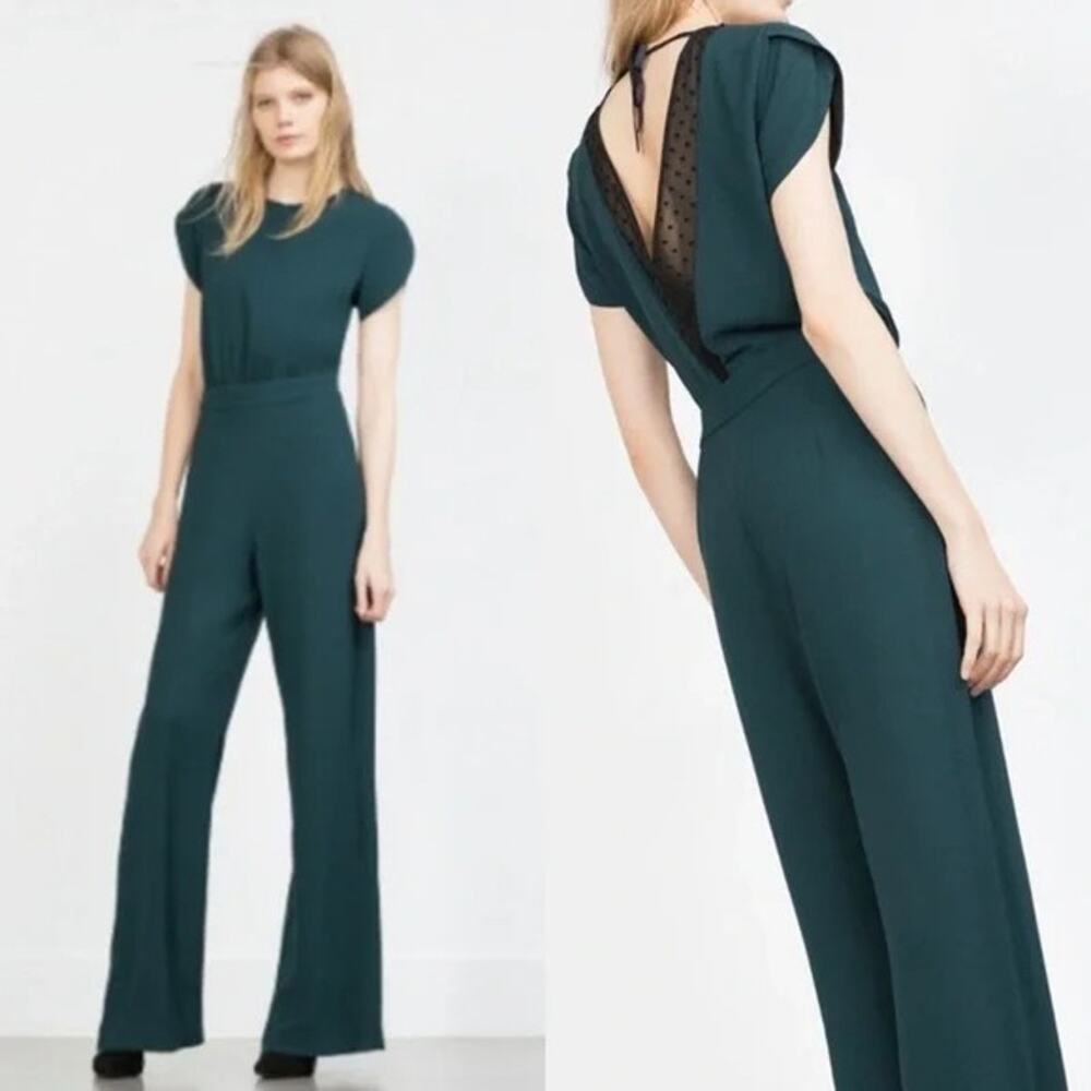ZARA Lightweight V Neck Tie Back Lace Jumpsuit Pants Cap Sleeves XS Hunter Green